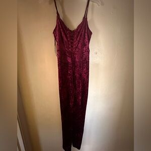 F21 burgundy velvet jumpsuit